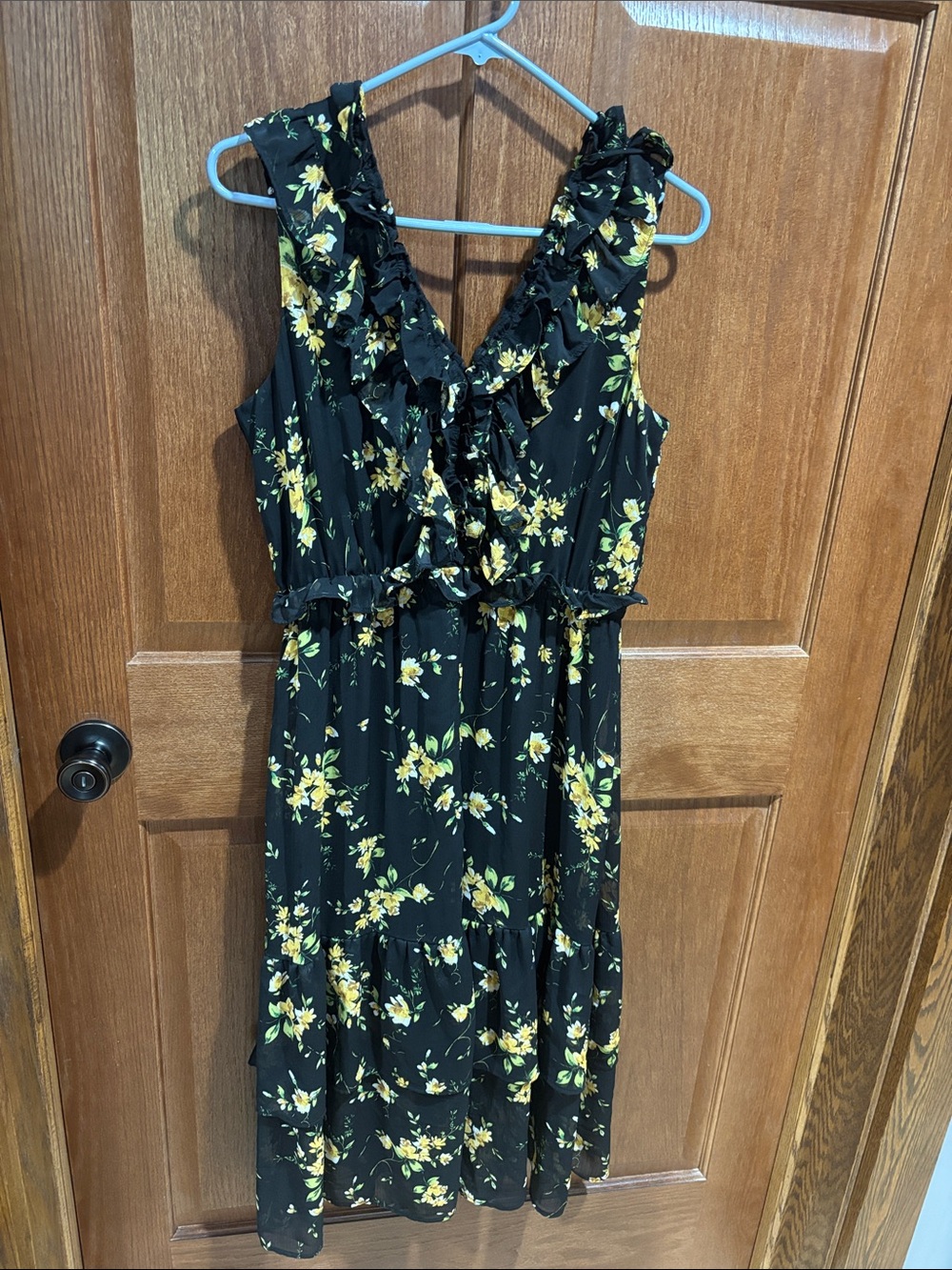 Maurices Black Dress with Yellow Floral Ruffle Detail